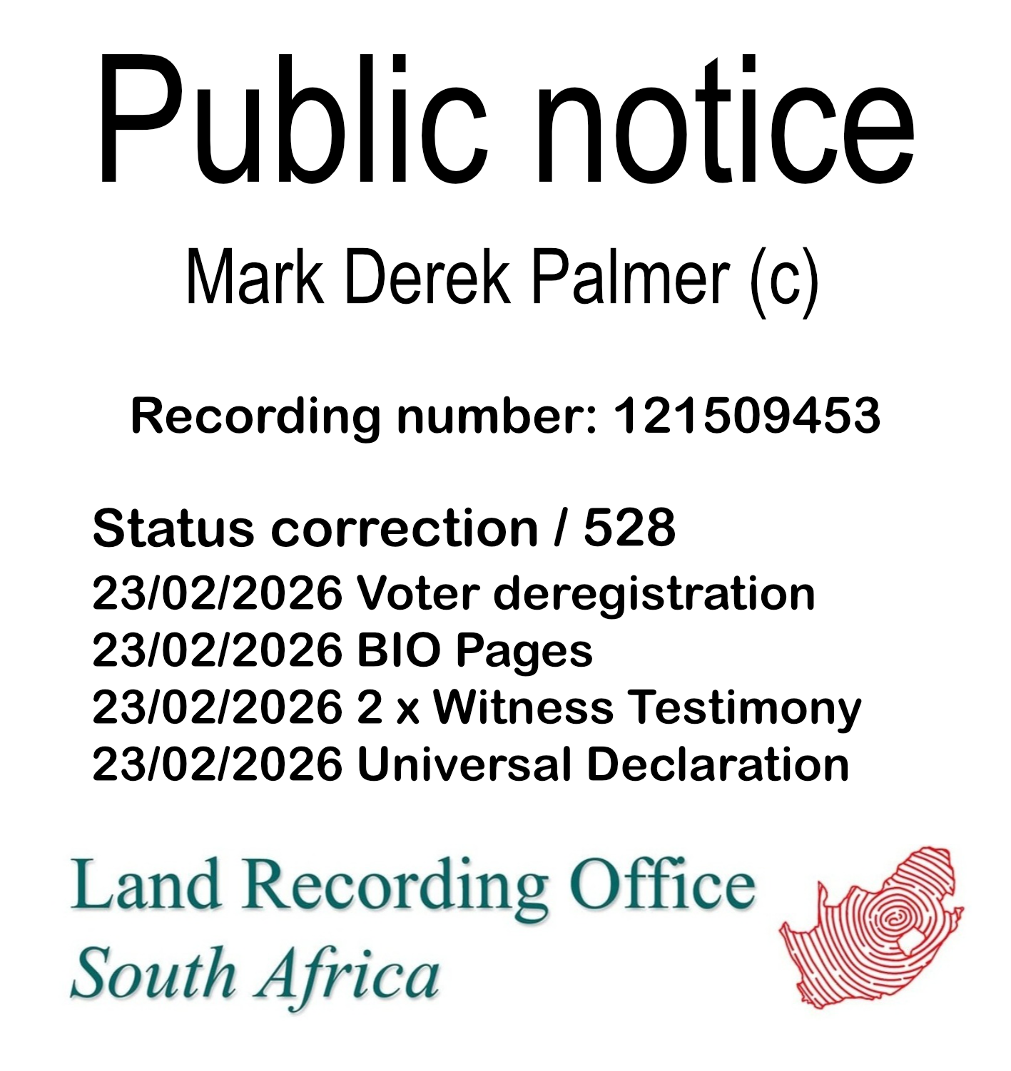Public notice Mark Derek Palmer (c) Recording number 121509453